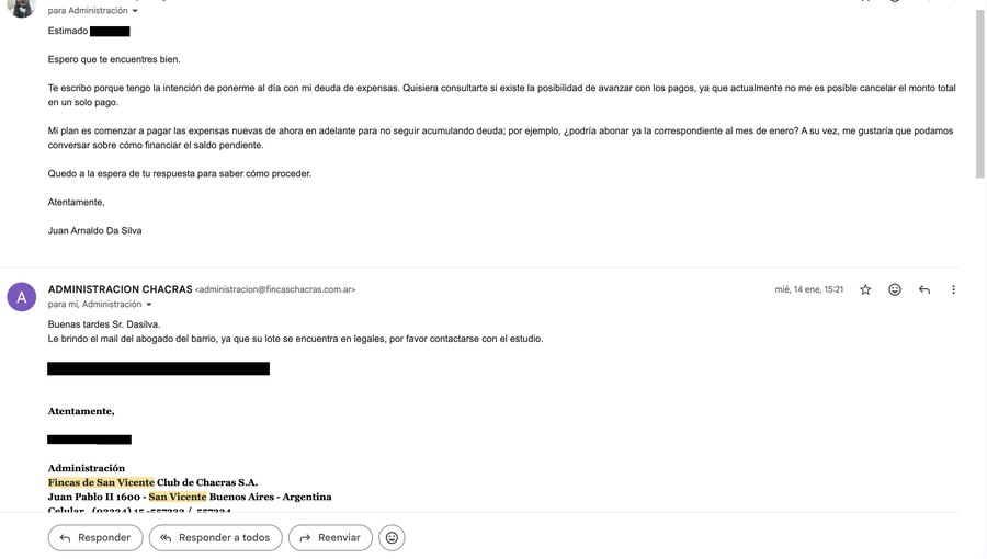 Mail pidiendo a la administracion ponerse al dia con las expensas